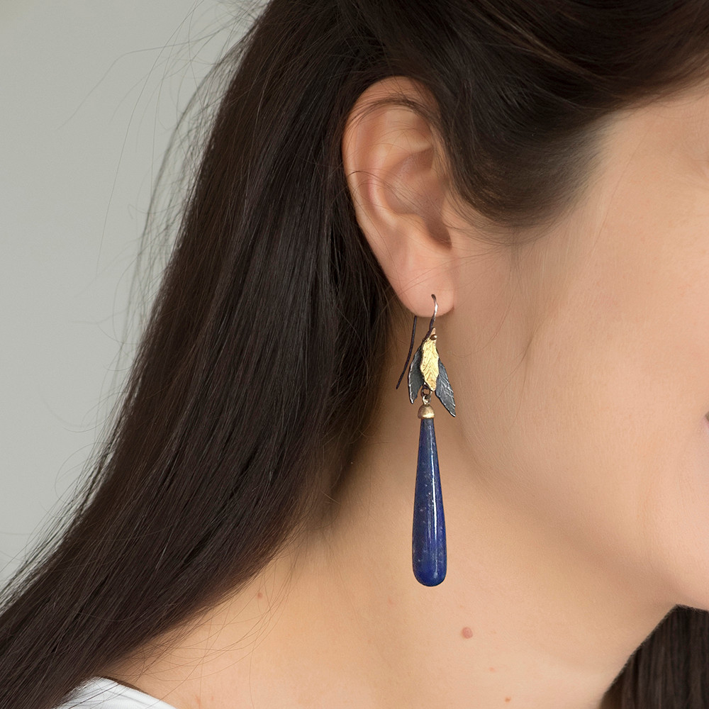 Lapis lazuli gold and silver tri leaf earrings