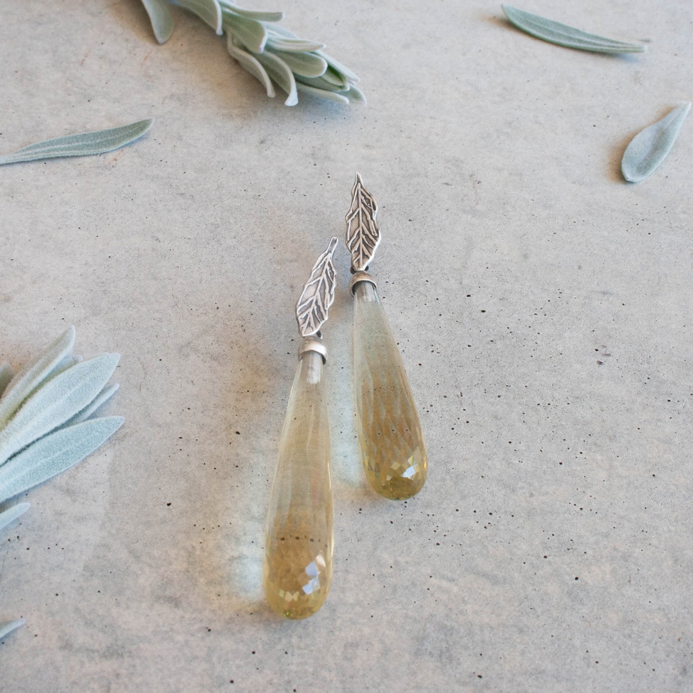 Lemon quartz  silver little leaf stud earrings