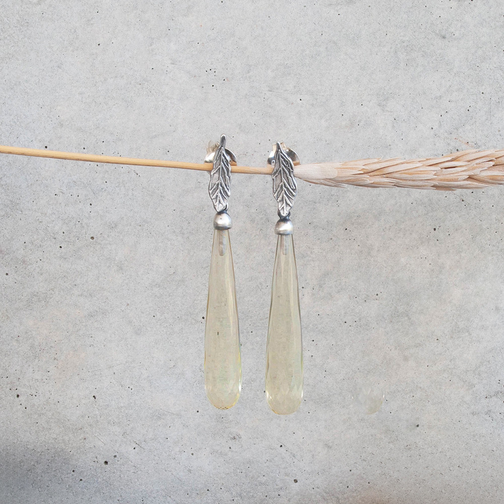Lemon quartz  silver little leaf stud earrings