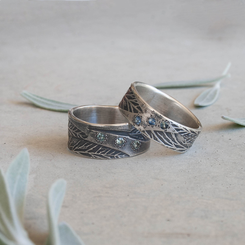 Eucalypt leaf sterling silver band with sapphires