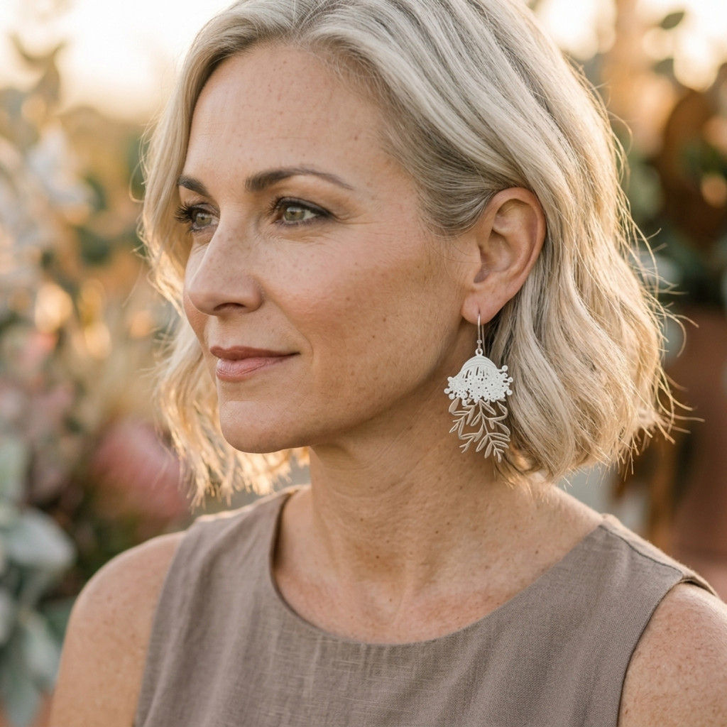 Eucalypt blossum earrings - Steel & White