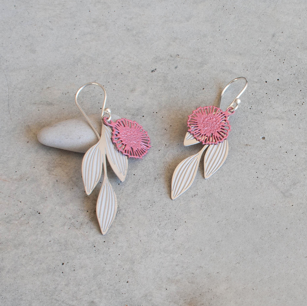 Pincushion Hakea earrings - Steel & Guava