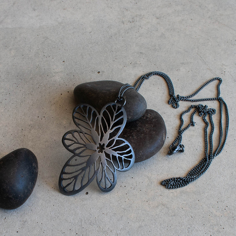 Oxidised sterling silver Ovalifolia flower pendant