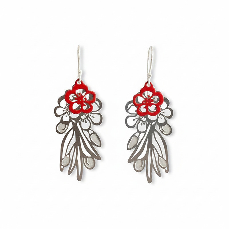 Wax flower earrings - Steel & Red