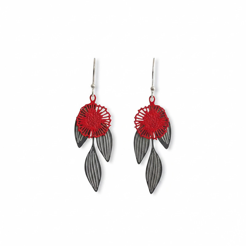 Pincushion Hakea earrings - Steel & Red