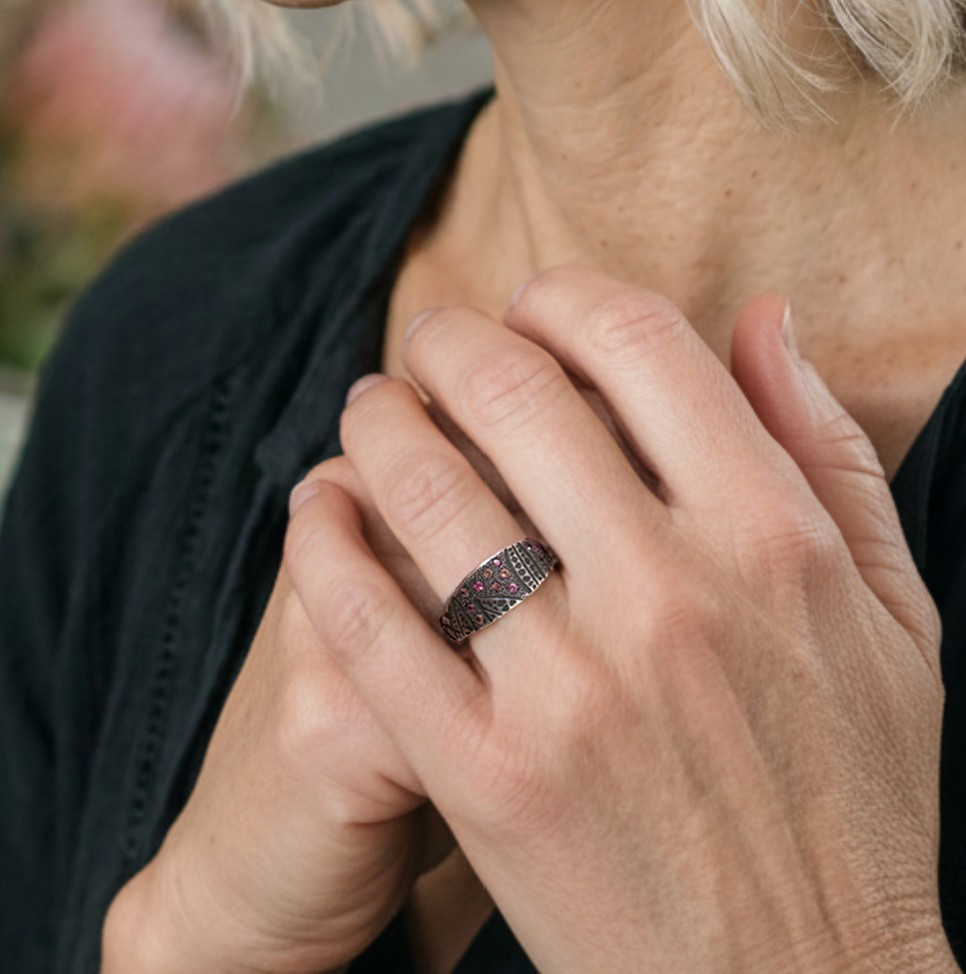 Silver & multi colour sapphire leaf signet style ring