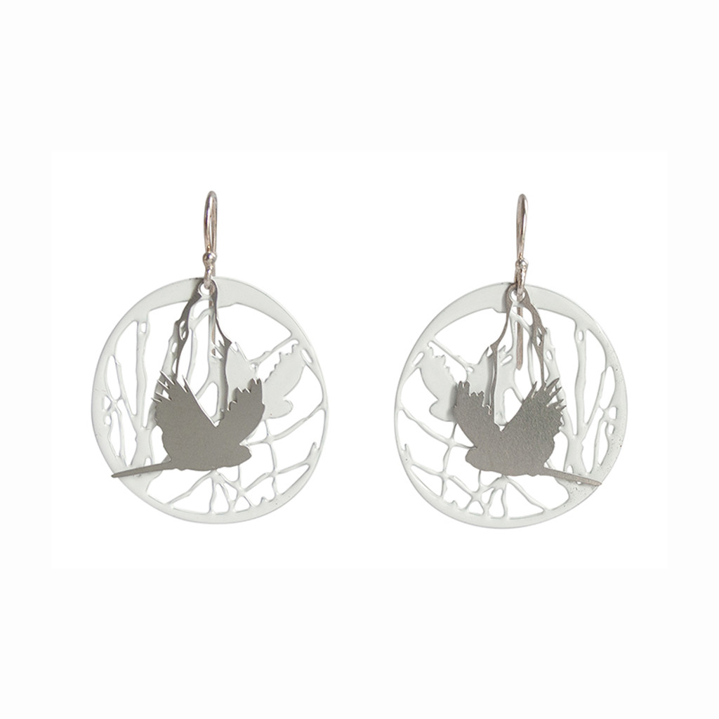 Bird and branch steel earrings with white background