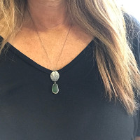 Dark green sea glass silver banksia pendant