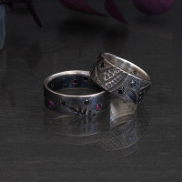 Fern sterling silver band ring with black diamonds and rubies