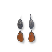 Dark amber sea glass and silver embossed frond earrings