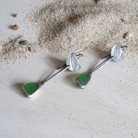 Green sea glass silver foliage half moon earrings
