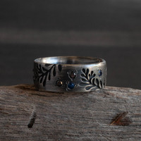 Frond sterling silver band ring with black diamonds and sapphires