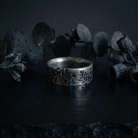 Frond sterling silver band ring with black diamonds and sapphires