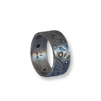 Foliage imprint sterling silver band ring with black diamonds