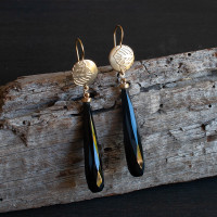 Deco flower earrings - 9ct yellow gold and onyx