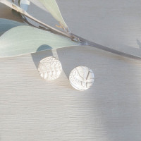Round leaf imprint silver stud earrings