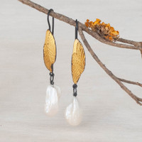 Angel wing pearl gold and silver leaf earrings