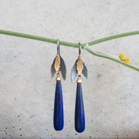 Lapis lazuli gold and silver tri leaf earrings