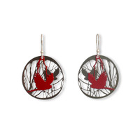 Bird and branch earrings red with steel 
