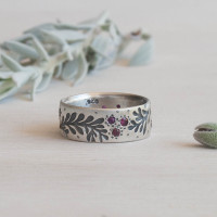 Frond sterling silver band ring with rubies