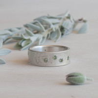 Fern sterling silver band ring with pale green sapphires