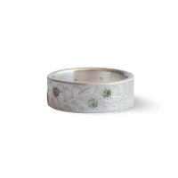 Fern sterling silver band ring with pale green sapphires