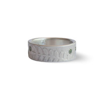 Fern sterling silver band ring with pale green sapphires