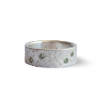 Fern sterling silver band ring with pale green sapphires
