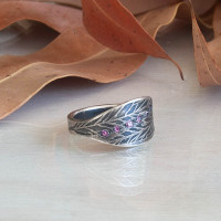 Silver & pink sapphire leaf signet style ring
