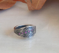 Silver & pink sapphire leaf signet style ring