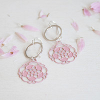 Hammered silver and pink coloured steel petal earrings