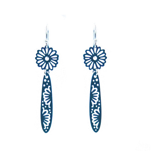 Petite navy blue steel daisy drop earrings