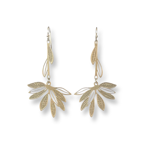 Fanned leaf drop earrings in gold