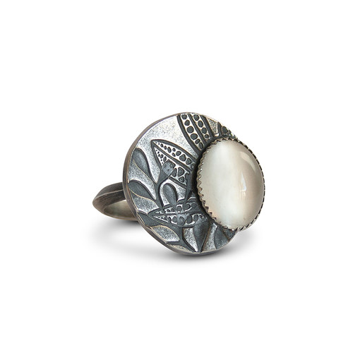 Moonstone and silver embossed leaf disc ring