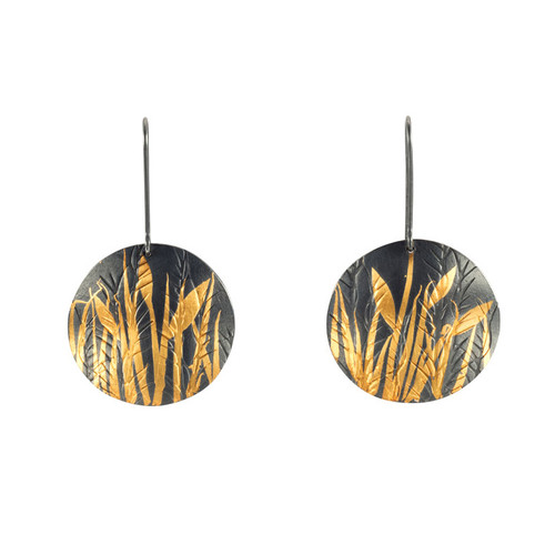 Large round embossed grasses earrings in silver and gold