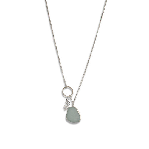 Greeny aqua sea glass silver frond necklace