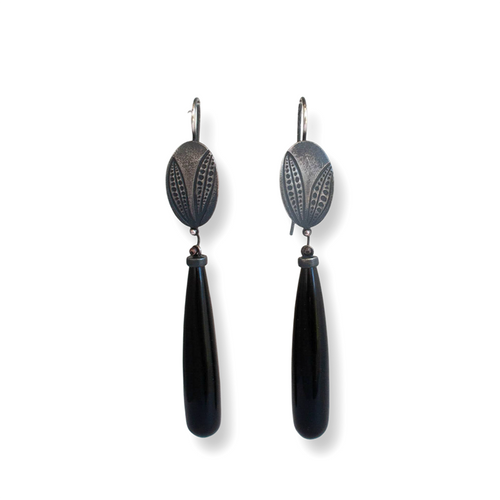 Pressed leaf earrings - sterling silver and onyx