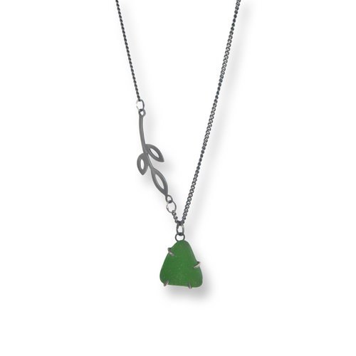 Green sea glass triple silver leaves necklace