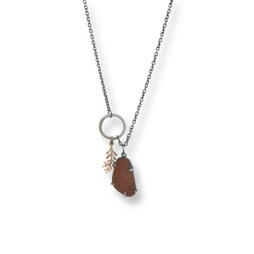 Dark amber sea glass and 9ct gold frond silver necklace