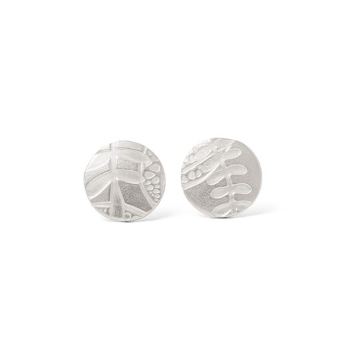 Round leaf imprint silver stud earrings