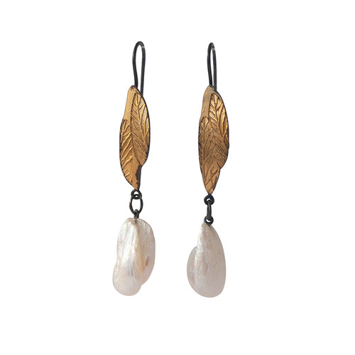 Angel wing pearl gold and silver leaf earrings