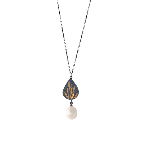 Keshi pearl silver and gold leaf imprint pendant
