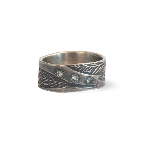 Wide eucalypt leaf sterling silver band with sapphires
