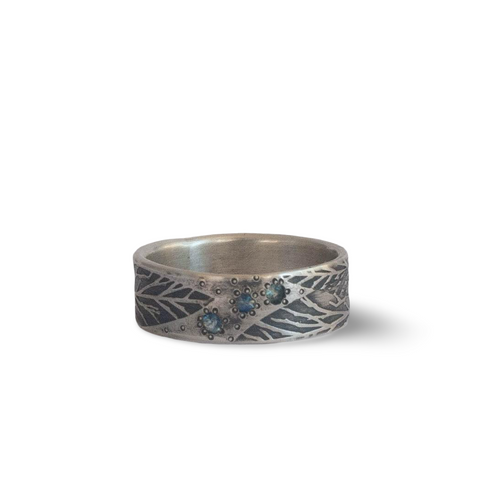 Eucalypt leaf sterling silver band with sapphires