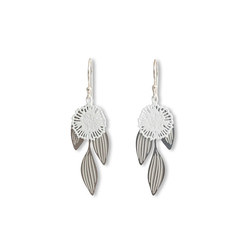 Pincushion Hakea earrings - Steel & White