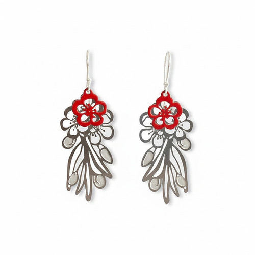 Wax flower earrings - Steel & Red