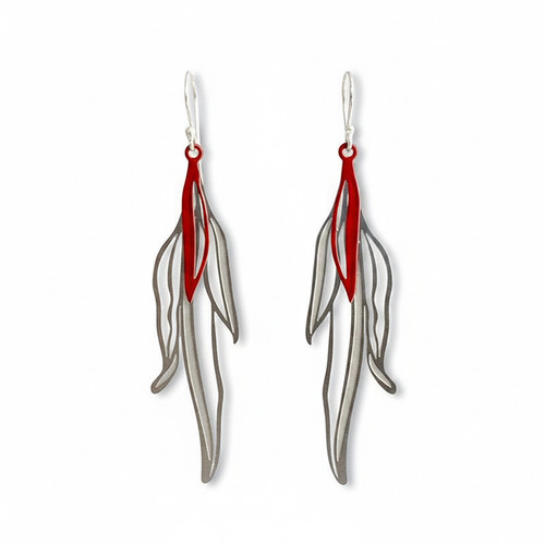 Long Eucalypt Cluster earrings steel with red