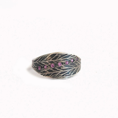 Silver & pink sapphire leaf signet style ring