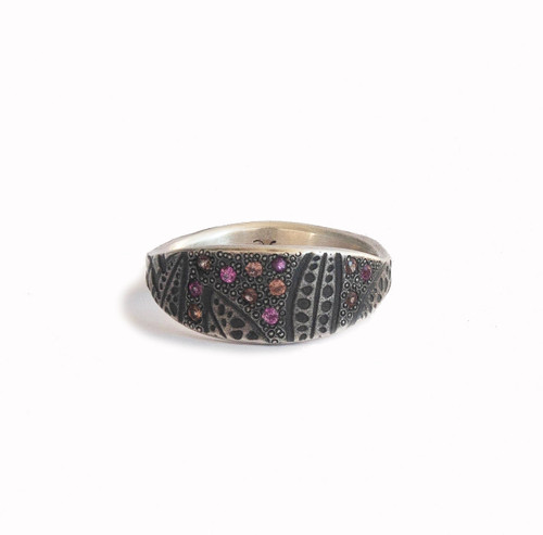 Silver & multi colour sapphire leaf signet style ring