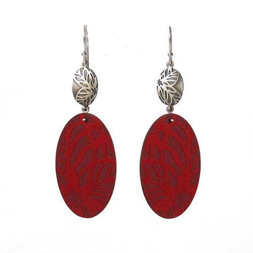 Red daisy silver and aluminium oval hook earrings